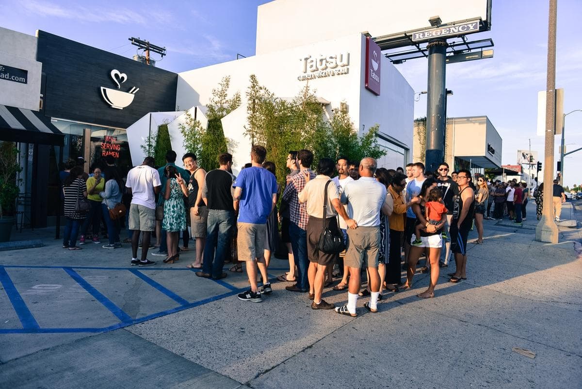 Crowd lined up outside Tatsu Ramen Melrose